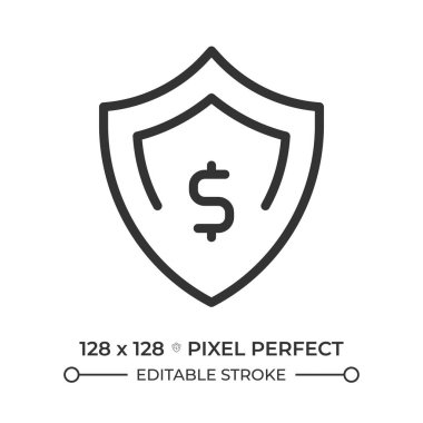 Finansal yastık pikseli mükemmel doğrusal simge. Tasarruf hesabı. Ekonomik güvenlik, sigorta. Kalkan, koruma. İnce çizgili çizim. Contour sembolü. Vektör çizimi. Düzenlenebilir vuruş