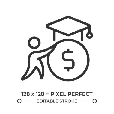 Öğrenci kredisi pikseli mükemmel doğrusal simge. Üniversite fonu. Kredi borcu, ipotek. Eğitim, mezuniyet. Finans yönetimi. İnce çizgili çizim. Contour sembolü. Vektör çizimi. Düzenlenebilir vuruş