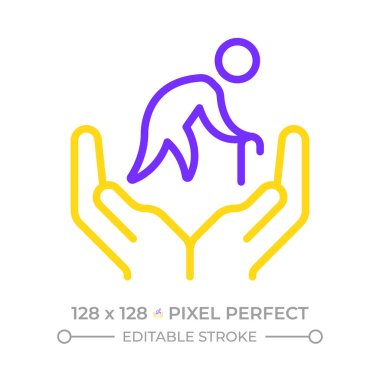 Yaşlı bakım piksel mükemmel iki renk çizgisi simgesi. Yardım, destek. Finansal yönetim. Emeklilik, emeklilik. Çift renkli ana hat sembolü. Duotone lineer piktogram. İzole bir illüstrasyon. Düzenlenebilir vuruş