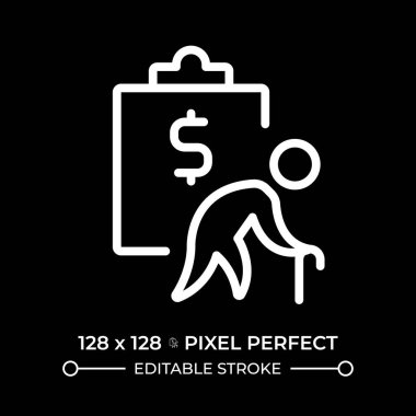 Emeklilik planı piksel koyu tema için mükemmel beyaz doğrusal simge. Finansal refah, ekonomi. Emeklilik fonu. Büyük, büyük. İnce çizgili çizim. Gece modu için izole edilmiş sembol. Düzenlenebilir vuruş