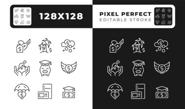 Pasif gelir özgürlüğü pikseli. Karanlık, aydınlık mod için mükemmel doğrusal simgeler. Üniversite fonu, kredi. Emeklilik, tasarruflar. Gece ve gündüz teması için ince çizgi sembolleri. İzole çizimler. Düzenlenebilir vuruş