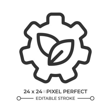 Yaprak çizgisi olan çark. Doğa ve teknoloji bütünleşmesi. Çevre dostu endüstri. Biyolojik ayar. İzole vektör ana hat sembolü. Web tasarımı kullanıcı arayüzü ögesi doğrusal, piksel mükemmel