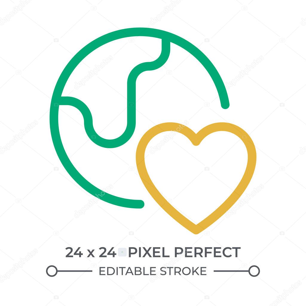 Environmental care colorful line ui icon. Earth globe with heart. Love saving world. Ecology and nature protection. Isolated vector duotone linear symbol. User interface element, pixel perfect