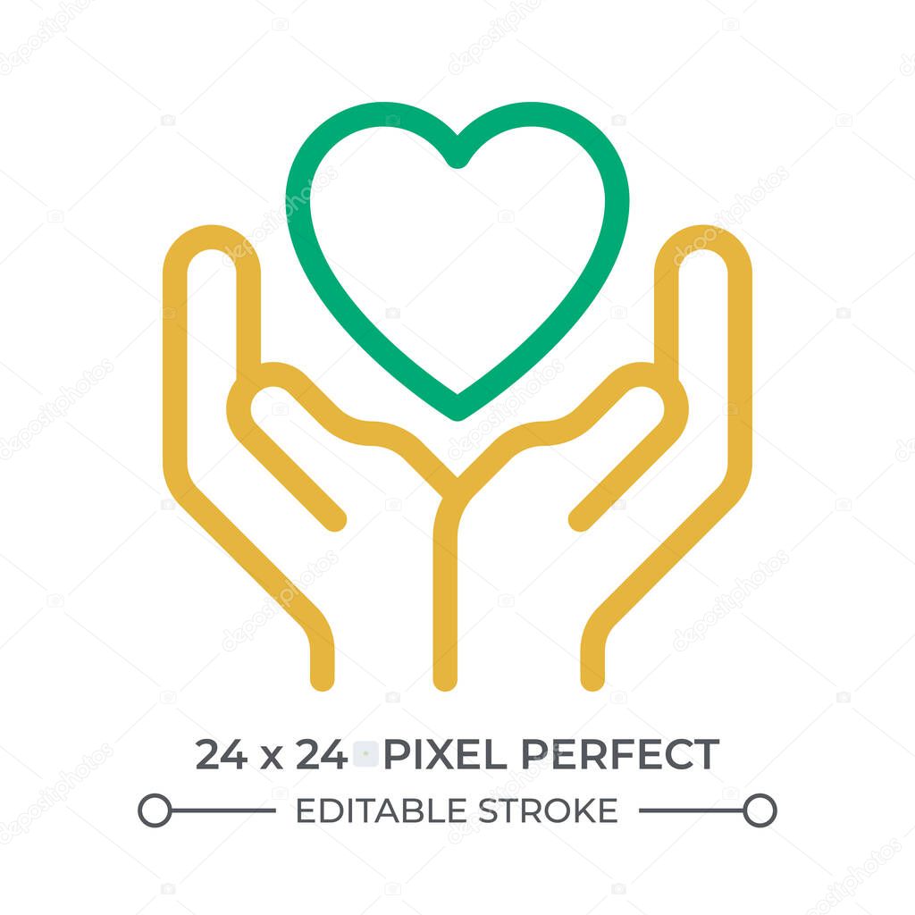 Charity colorful line ui icon. Hands holding heart. Expressing love and care. Kindness feeling visualization. Isolated vector duotone linear symbol. User interface element, pixel perfect