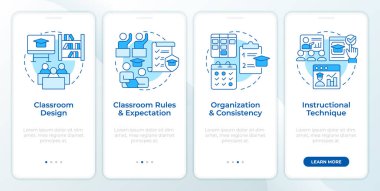 Sınıfın mavi organizasyonu mobil uygulama ekranında. Doğrusal kavramlarla düzenlenebilir grafik yönergelerini dört adımda gözden geçir. UI, UX, GUI şablonu. Montserrat Yarı Kalın, Düzenli yazı tipleri