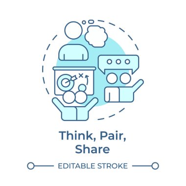 Düşün, çift, yumuşak mavi konsept ikonunu paylaş. Takım çalışması planlaması. Öğrenme stratejisi, beyin fırtınası. Yuvarlak şekil çizimi. Soyut bir fikir. Grafik tasarımı. Bilgide kullanması kolay