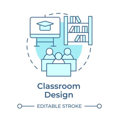 Sınıf tasarımı yumuşak mavi konsept simgesi. İç mekan, öğrenme ortamı. Yuvarlak şekil çizimi. Soyut bir fikir. Grafik tasarımı. Bilgide ve sunumda kullanması kolay