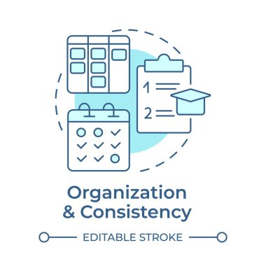 Organizasyon ve tutarlılık yumuşak mavi konsept ikonu. Görev listesi, program. Uyum, kontrol listesi. Yuvarlak şekil çizimi. Soyut bir fikir. Grafik tasarımı. Bilgide kullanması kolay