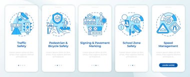 Güvenlik ve yönetmelik mavi seyyar uygulama ekranında. Trafik vardı. Doğrusal kavramlarla düzenlenebilir grafik yönergelerini 5 adımda gezdir. UI, UX, GUI şablonu. Montserrat Yarı Kalın, Düzenli yazı tipleri