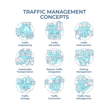 Trafik yönetimi yumuşak mavi konsept simgeleri. Yol güvenliği ve araç akışı yönetmeliği. Işınlama kontrolü. Simge paketi. Vektör görüntüleri. Sunum için yuvarlak şekilli çizimler. Soyut fikir