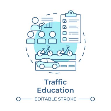 Trafik eğitimi, yumuşak mavi kavram ikonu. Yol güvenliği kuralları eğitimi. Ulaşım yönetim sistemi. Yuvarlak şekil çizimi. Soyut bir fikir. Grafik tasarımı. Broşürde kullanması kolay