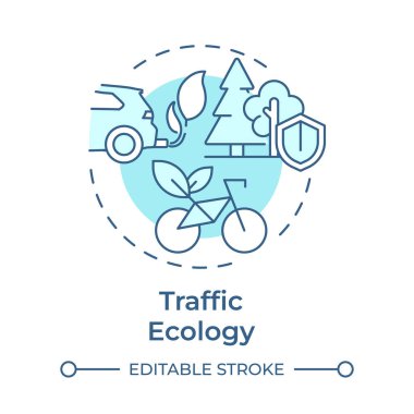 Trafik ekolojisi yumuşak mavi kavram ikonu. Araçların çevresel etkilerini anlamak. Ulaşım idaresi. Yuvarlak şekil çizimi. Soyut bir fikir. Grafik tasarımı. Broşürde kullanması kolay