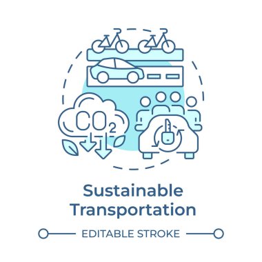 Sürdürülebilir ulaşım yumuşak mavi konsept simgesi. Yeşil girişimler entegre ediliyor. Trafik idaresinin faydaları. Yuvarlak şekil çizimi. Soyut bir fikir. Grafik tasarımı. Broşürde kullanması kolay