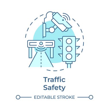 Trafik güvenliği yumuşak mavi konsept simgesi. Araç akışı yönetmeliği. Modern yol teknolojileriyle güvenli sürüş. Yuvarlak şekil çizimi. Soyut bir fikir. Grafik tasarımı. Broşürde kullanması kolay