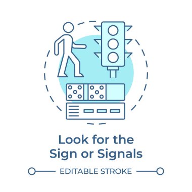 Yumuşak mavi konsept simgesine bak. Çapraz koruma için trafik ışıkları. Yaya güvenliği. Yuvarlak şekil çizimi. Soyut bir fikir. Grafik tasarımı. Broşürde kullanması kolay