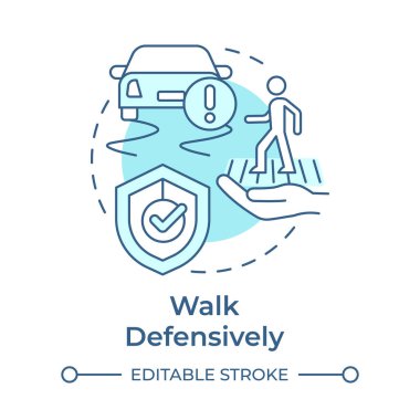 Savunma amaçlı yumuşak mavi konsept ikonu yürüyün. Yoldan karşıya dikkatle geçiyorum. Yaya güvenlik kuralı. Trafik idaresi. Yuvarlak şekil çizimi. Soyut bir fikir. Grafik tasarımı. Kitapçıkta kullanması kolay