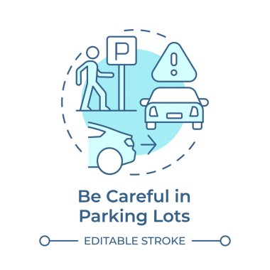 Otoparklardaki yumuşak mavi konsept ikonunda dikkatli olun. Arabalarla ilgili tehlikeli durumlardan kaçının. Yaya güvenliği. Yuvarlak şekil çizimi. Soyut bir fikir. Grafik tasarımı. Kitapçıkta kullanması kolay