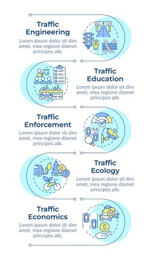 Trafik yönetim direklerinin dikey bilgi dizisi. Yol sistemi yönetmeliği. Güvenlik. 5 adımlı görselleştirme bilgi tablosu. Daireler iş akışı. Montserrat Yarı Kalın, Lato Düzenli yazı tipleri