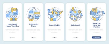 Mobil uygulama ekranında kooperatif öğrenme yapıları. Doğrusal kavramlarla düzenlenebilir grafik yönergelerini 5 adımda gezdir. UI, UX, GUI şablonu. Montserrat Yarı Kalın, Düzenli yazı tipleri