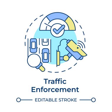 Trafik uygulaması çok renkli konsept simgesi. Araç kontrolü ve güvenliğinin kanuni düzenlemesi. Ulaşım idaresi. Yuvarlak şekil çizimi. Soyut bir fikir. Grafik tasarımı. Kitapçıkta kullanması kolay