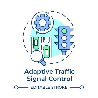 Uyarlamalı trafik sinyali kontrol çok renkli konsept simgesi. Araç akışı ayarlaması. Ulaşım yönetimi stratejisi. Yuvarlak şekil çizimi. Soyut bir fikir. Grafik tasarımı. Kitapçıkta kullanması kolay