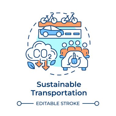 Sürdürülebilir ulaşım çok renkli konsept simgesi. Yeşil girişimler entegre ediliyor. Trafik idaresinin faydaları. Yuvarlak şekil çizimi. Soyut bir fikir. Grafik tasarımı. Broşürde kullanması kolay