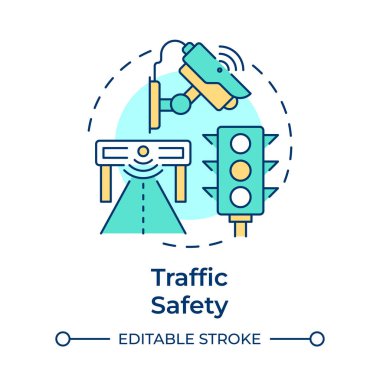 Trafik güvenliği çok renkli konsept simgesi. Araç akışı yönetmeliği. Modern yol teknolojileriyle güvenli sürüş. Yuvarlak şekil çizimi. Soyut bir fikir. Grafik tasarımı. Broşürde kullanması kolay