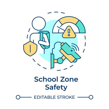 Okul bölgesi güvenliği çok renkli konsept simgesi. Çocukları ve yayaları koru. Trafik yönetim sistemi. Yuvarlak şekil çizimi. Soyut bir fikir. Grafik tasarımı. Kitapçıkta kullanması kolay