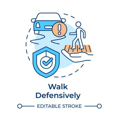 Savunma amaçlı çok renkli konsept ikonu yürüyün. Yoldan karşıya dikkatle geçiyorum. Yaya güvenlik kuralı. Trafik idaresi. Yuvarlak şekil çizimi. Soyut bir fikir. Grafik tasarımı. Kitapçıkta kullanması kolay