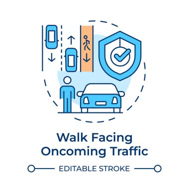 Yaklaşan trafik çok renkli konsept simgesiyle yürüyün. Trafik kazalarını önleme. Yaya güvenliği. Yuvarlak şekil çizimi. Soyut bir fikir. Grafik tasarımı. Broşürde kullanması kolay