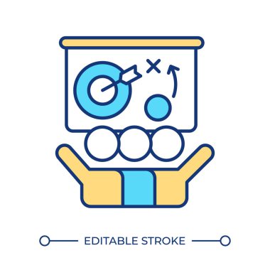 Strateji planlama RGB renk simgesi. Beyin fırtınası takımı, iş akışı organizasyonu. İşçiler işbirliği yapıyor. İletişim, liderlik. İzole vektör çizimi. Basit bir çizgi çizimi. Düzenlenebilir vuruş