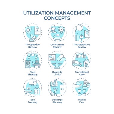 Kullanım yönetimi yumuşak mavi konsept simgeleri. Tıbbi hizmet yönetmeliği stratejisi. Sağlık hizmetleri. Simge paketi. Vektör görüntüleri. Sunum için yuvarlak şekilli çizimler. Soyut fikir