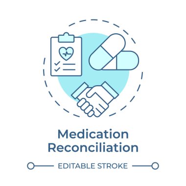 İlaç uzlaşması. Yumuşak mavi konsept ikonu. Hasta eczane tedavi listesi kontrolü. Özen geçişi. Yuvarlak şekil çizimi. Soyut bir fikir. Grafik tasarımı. Broşürde kullanması kolay