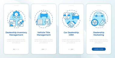 Seyyar uygulama ekranında satış yönetimi mavisi. Doğrusal kavramlarla düzenlenebilir grafik yönergelerini dört adımda gözden geçir. UI, UX, GUI şablonu. Montserrat Yarı Kalın, Düzenli yazı tipleri