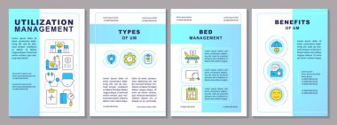 Faydalama yönetimi mavi broşür şürü. Tıbbi bakım gelişimi. Hastalar için güvenli sağlık hizmeti. Çizgisel simgeli broşür tasarımı. Düzenlenebilir 4 vektör düzeni. Arial, Myriad Pro-Normal yazı tipleri kullanıldı