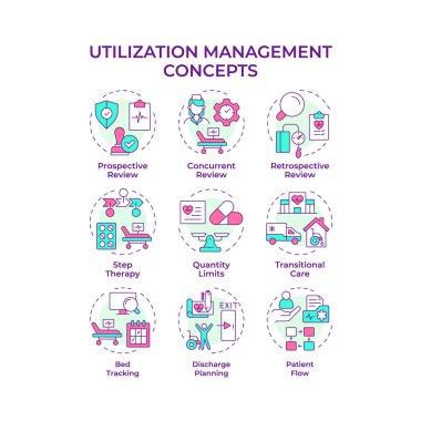 Kullanım yönetimi çok renkli konsept simgeleri. Tıbbi hizmet yönetmeliği stratejisi. Sağlık hizmetleri. Simge paketi. Vektör görüntüleri. Sunum için yuvarlak şekilli çizimler. Soyut fikir