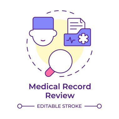 Tıbbi kayıt incelemesi çok renkli konsept simgesi. Hasta kayıt kontrolü. Yararlanma yönetimi yardımı. Yuvarlak şekil çizimi. Soyut bir fikir. Grafik tasarımı. Broşürde kullanması kolay