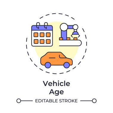 Araç yaşı çok renkli konsept simgesi. Üretim ekipmanları, araba üretimi. Aylık takvim. Yuvarlak şekil çizimi. Soyut bir fikir. Grafik tasarımı. Bilgide kullanması kolay