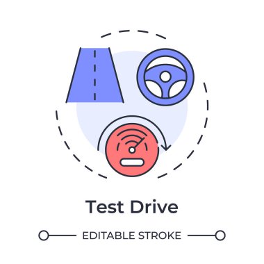Test sürüşü çok renkli konsept simgesi. Araba performansı, hız göstergesi. Yol, yolculuk. Yuvarlak şekil çizimi. Soyut bir fikir. Grafik tasarımı. Bilgide ve sunumda kullanması kolay