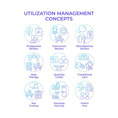 Kullanım yönetimi mavi gradyan konsept simgeleri. Tıbbi hizmet yönetmeliği stratejisi. Sağlık hizmetleri. Simge paketi. Vektör görüntüleri. Sunum için yuvarlak şekilli çizimler. Soyut fikir