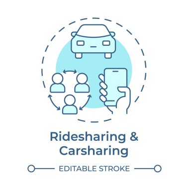 Gezgin paylaşımı ve araba paylaşımı, yumuşak mavi konsept simgesi. Araç mülkiyetini azaltın. Ekonomi modelini paylaşmak. Yuvarlak şekil çizimi. Soyut bir fikir. Grafik tasarımı. Sunumda kullanması kolay