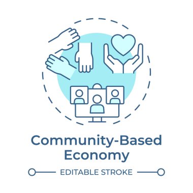 Toplum temelli ekonomi yumuşak mavi kavram ikonu. Yerel işbirliği için. Paylaşım sisteminin temel ögesi. Yuvarlak şekil çizimi. Soyut bir fikir. Grafik tasarımı. Bilgide kullanması kolay