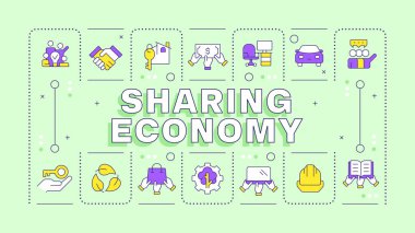 Ekonomi paylaşımı yeşil kelime konsepti. Ürün ve hizmet değişimi. Finans sistemi. Tipografi afişi. Başlık metniyle vektör illüstrasyonu, düzenlenebilir simge rengi. İnbot Sans yazı tipi kullanıldı