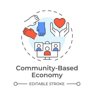 Topluluk temelli ekonomi çok renkli konsept simgesi. Yerel işbirliği için. Paylaşım sisteminin temel ögesi. Yuvarlak şekil çizimi. Soyut bir fikir. Grafik tasarımı. Bilgide kullanması kolay