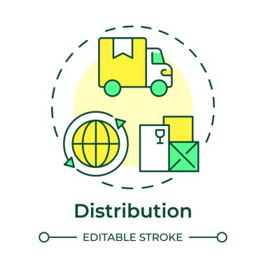Dağıtım çok renkli konsept simgesi. Ürünler hedeflere etkili bir şekilde ulaşıyor. Yuvarlak ekonomi. Yuvarlak şekil çizimi. Soyut bir fikir. Grafik tasarımı. Bilgide kullanması kolay