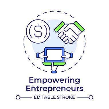 Girişimcileri çok renkli konsept ikonu ile güçlendirmek. Alçak bariyer girişi. Ekonomiyi paylaşmanın faydaları. Yuvarlak şekil çizimi. Soyut bir fikir. Grafik tasarımı. Bilgide kullanması kolay