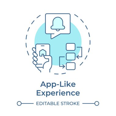 Yumuşak mavi konsept simgesi gibi bir uygulama. Yerel mobil uygulamalar olarak işlev görür. PWA 'ların özelliği. Yuvarlak şekil çizimi. Soyut bir fikir. Grafik tasarımı. Sunumda kullanması kolay
