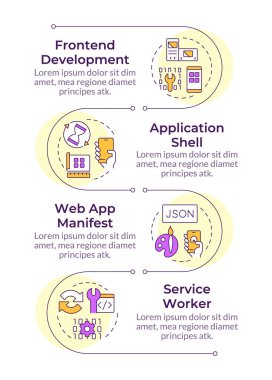 PWA 'nın enfografik dikey dizisinin bileşenleri. Web uygulamaları geliştirme. Dijital teknoloji. 4 adımlı görselleştirme bilgi tablosu. Daireler iş akışı. Montserrat Yarı Kalın, Lato Düzenli yazı tipleri