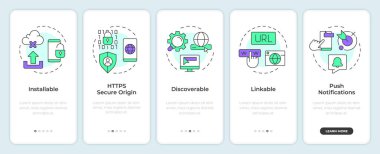 Mobil uygulama ekranında PWA 'ların özelliği. Teknoloji. Doğrusal kavramlarla düzenlenebilir grafik yönergelerini 5 adımda gezdir. UI, UX, GUI şablonu. Montserrat Yarı Kalın, Düzenli yazı tipleri