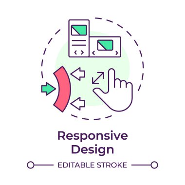 Tepkili tasarım çok renkli konsept simgesi. Farklı ekran boyutlarına ve yönelimlerine uyum sağla. PWA 'ların özelliği. Yuvarlak şekil çizimi. Soyut bir fikir. Grafik tasarımı. Sunumda kullanması kolay